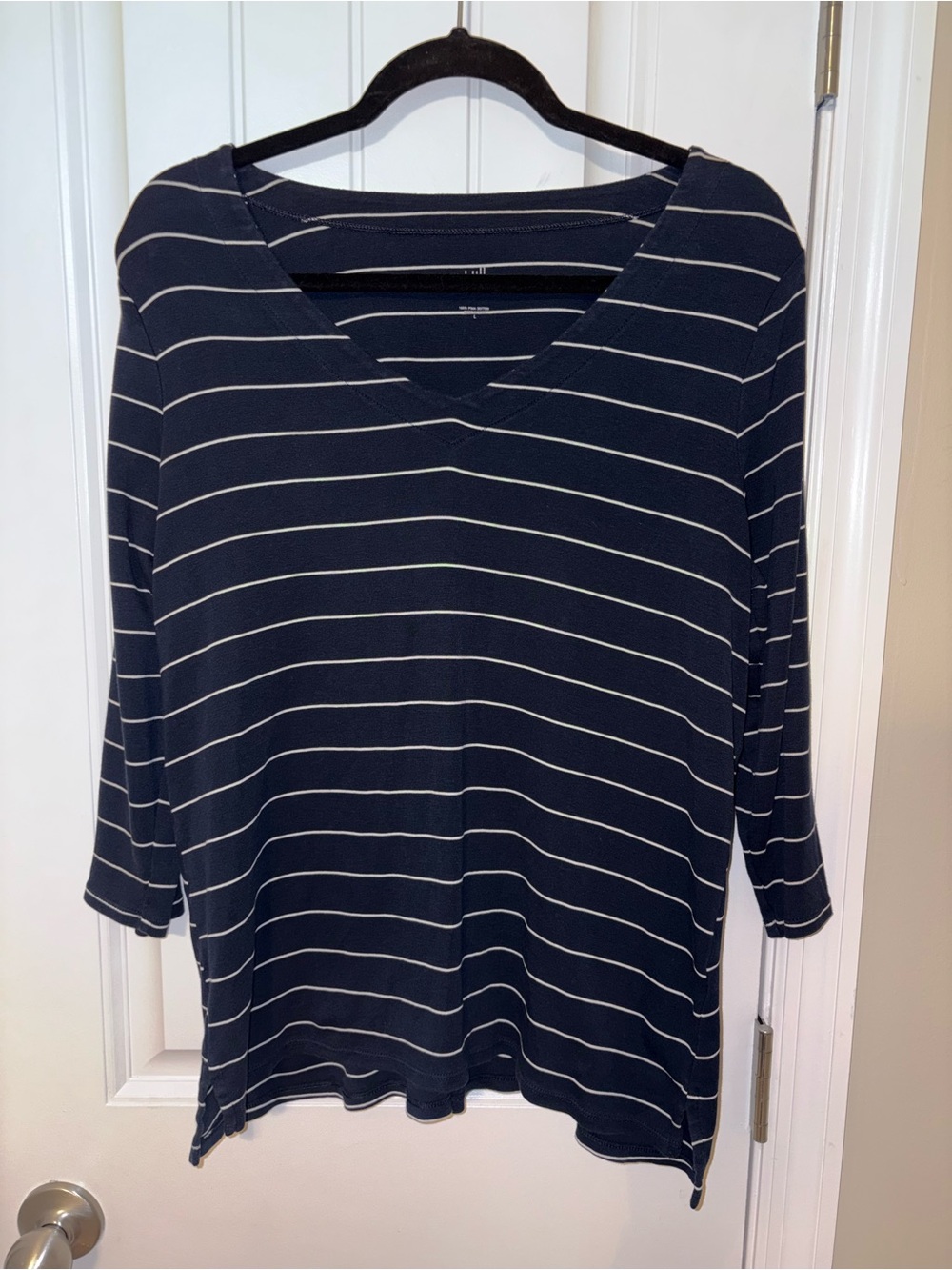 Striped Navy V-Neck Women's Top- 3/4 sleeve